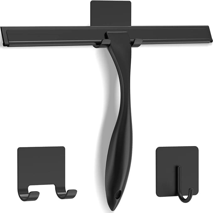Docrok black 10-inch shower squeegee with two adhesive hooks